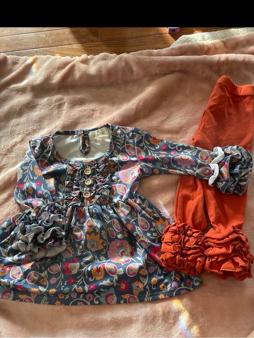 Girls Floral Ruffled Top and Orange Ruffle Leggings Set